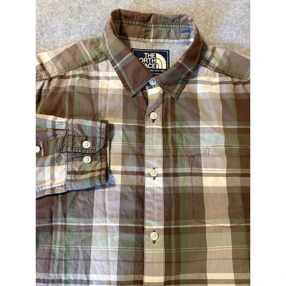 The North Face Men's L Plaid Long Sleeve Button Down Shirt Brown Green Outdoor